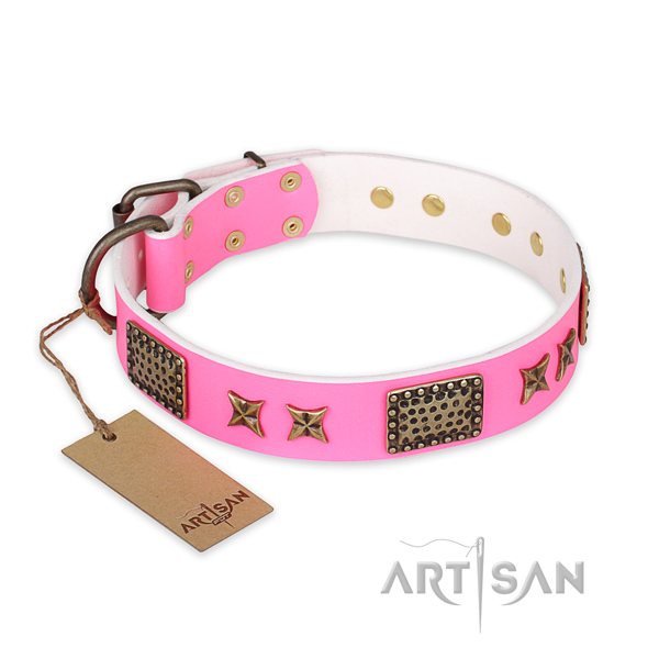 Trendy full grain natural leather dog collar with durable traditional buckle