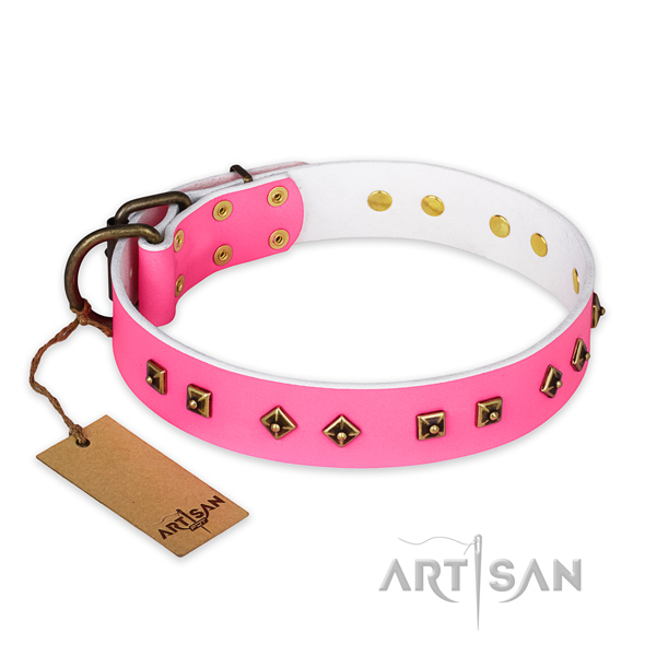 Unique full grain natural leather dog collar with strong hardware