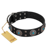"Boundless Blue" FDT Artisan Black Leather Boxer Collar with Chrome Plated Brooches and Square Studs