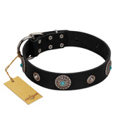 "Blue Gems" FDT Artisan Black Leather Boxer Collar with Chrome Plated Studs and Conchos