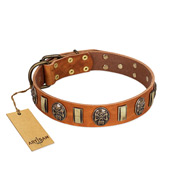 "Strike of Rock" FDT Artisan Tan Leather Boxer Collar with Plates and Medallions with Skulls