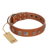 "Antique Figures" FDT Artisan Tan Leather Boxer Collar with Silver-like Engraved Plates