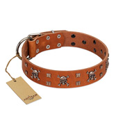 "Rebellious Nature" FDT Artisan Tan Leather Boxer Collar Embellished with Crossbones and Square Studs