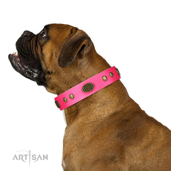 Corrosion proof buckle on full grain genuine leather dog collar for easy wearing