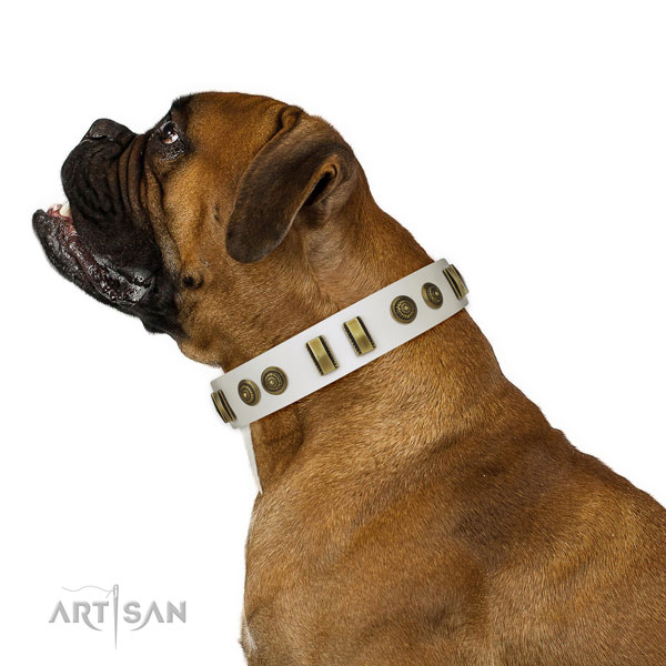 Rust-proof traditional buckle on full grain natural leather dog collar for everyday use