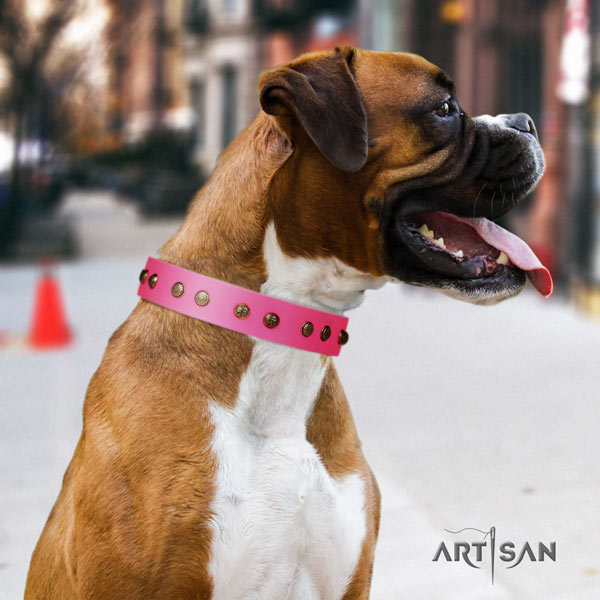 Boxer natural genuine leather collar with durable buckle