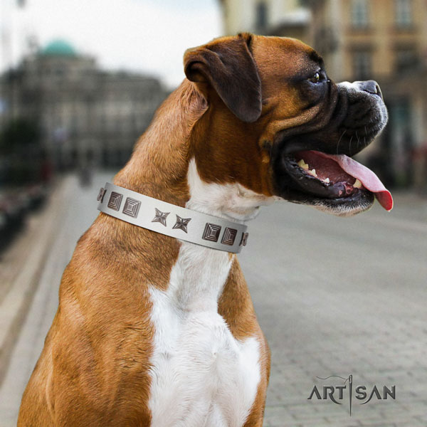 Boxer remarkable natural genuine leather dog collar with adornments