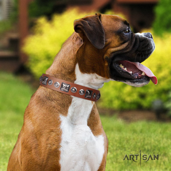 Boxer natural genuine leather collar with rust-proof buckle