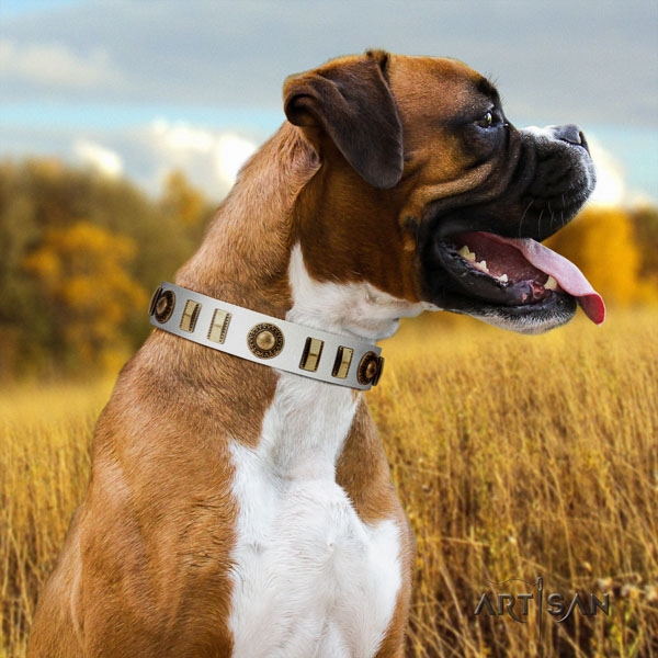 Boxer full grain genuine leather collar with durable D-ring for basic training