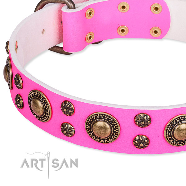 Natural genuine leather dog collar with inimitable decorations
