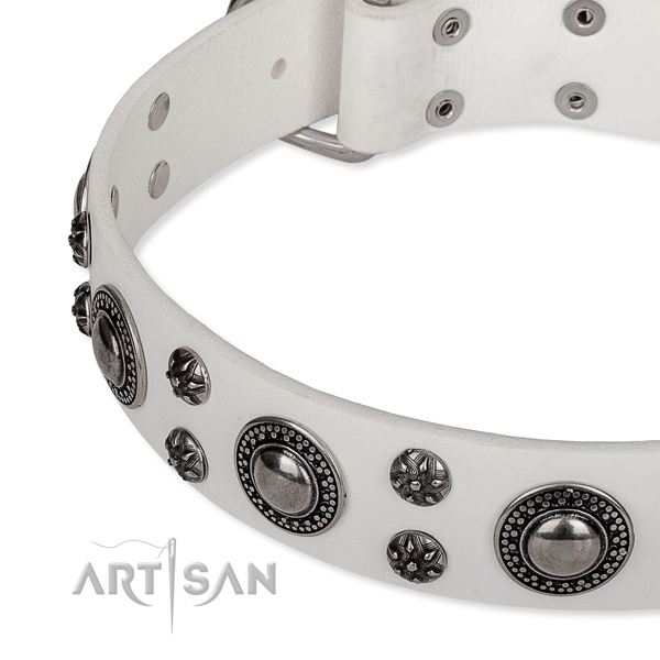 Daily use natural genuine leather collar with corrosion resistant buckle and D-ring