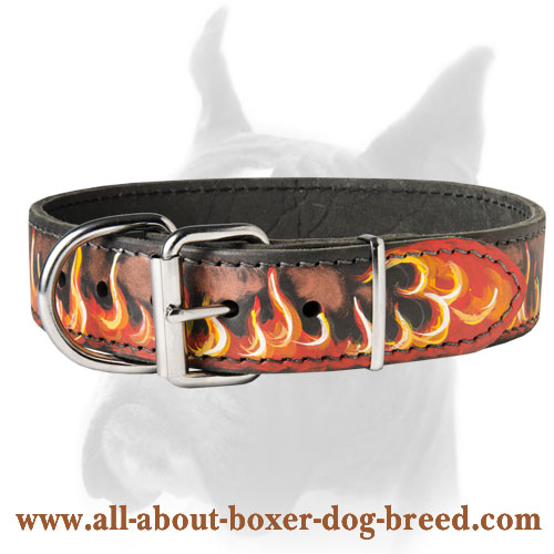 Excellent Quality Two-ply Leather Collar with Painting of Burning Flames