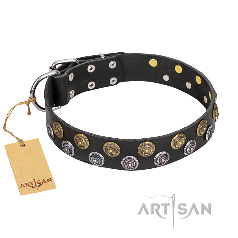 "Romantic Breeze" FDT Artisan Elegant Black Leather Boxer Collar - 1 1/2 inch (40 mm) wide