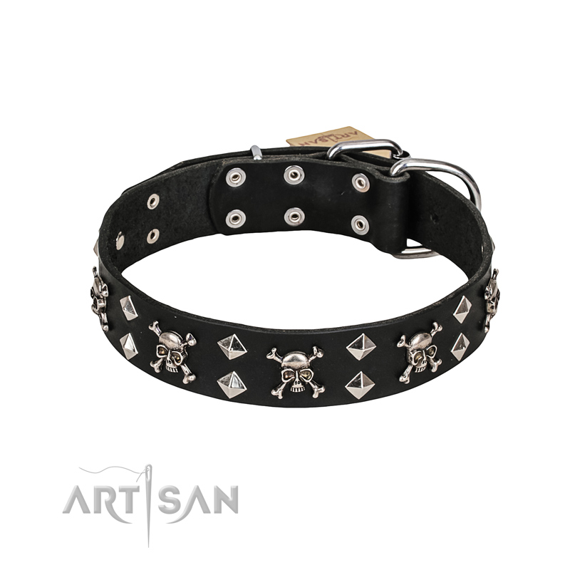 FDT Artisan 'Rock 'n' Roll Style' Fancy Leather Dog Collar with Skulls, Bones and Studs 1 1/2 inch (40 mm) wide