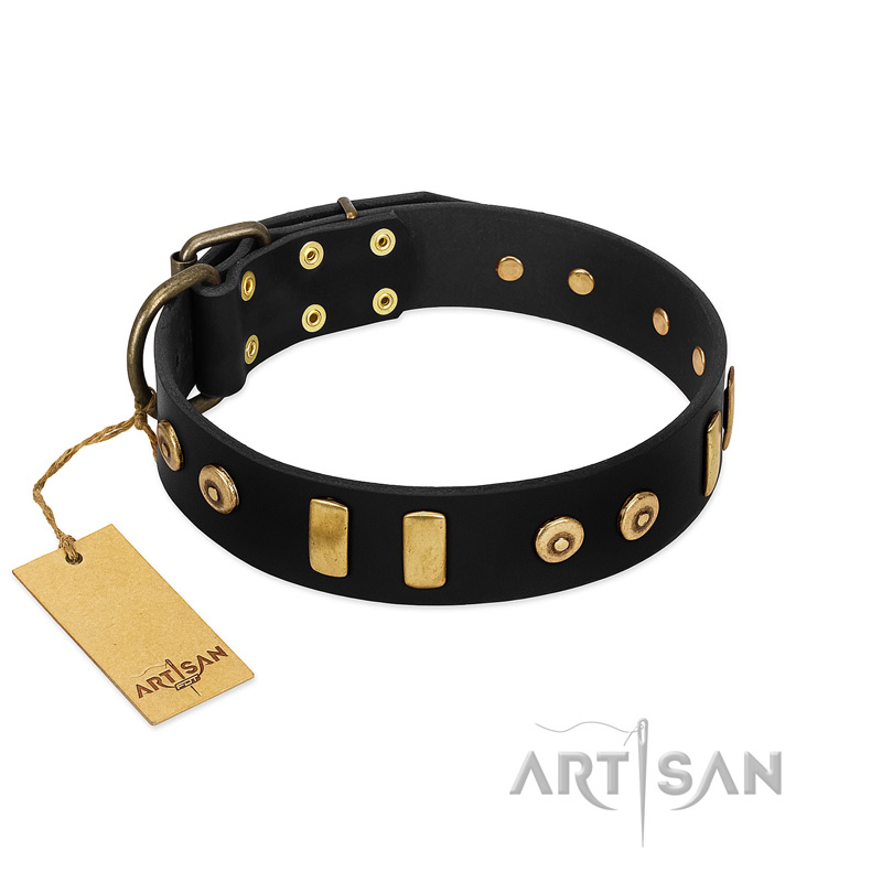 "Rare Dog" FDT Artisan Black Leather Boxer Collar with Old Bronze-like Dotted Studs and Tiles