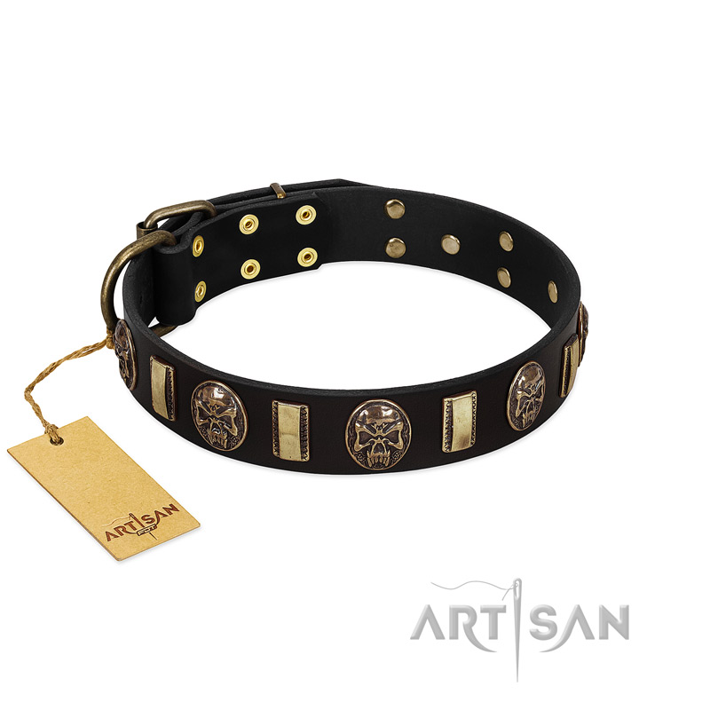 "Sea Romance" FDT Artisan Black Leather Boxer Collar with Plates and Skulls