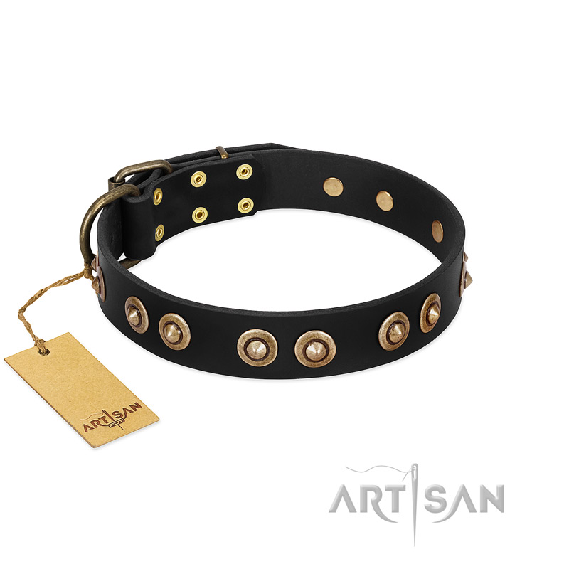"Golden Artifact" FDT Artisan Black Leather Boxer Collar with Old-bronze Covered Medallions