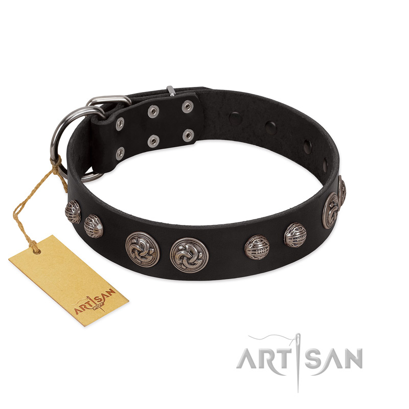 "Tricky Ricky" FDT Artisan Black Leather Boxer Collar Adorned with Silver-Like Conchos - Click Image to Close