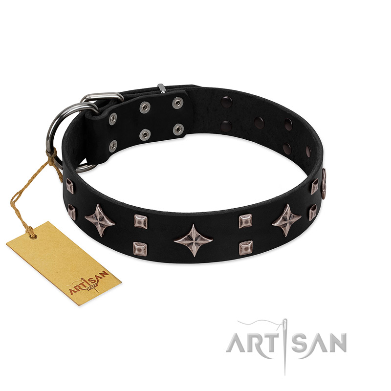 "Snappy Dresser" FDT Artisan Black Leather Boxer Collar Adorned with Stars and Tiny Squares - Click Image to Close