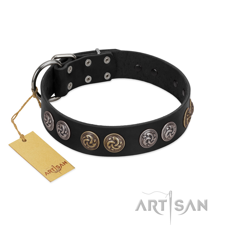 "Mister Exclusive" Designer FDT Artisan Black Leather Boxer Collar with Medallions