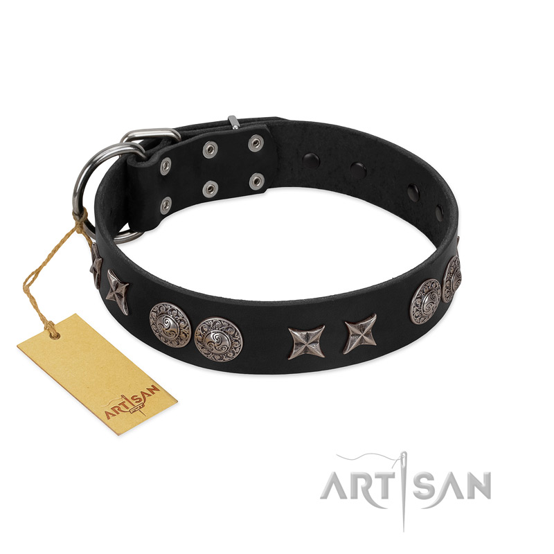 "Scythian Silver" Stylish Handmade FDT Artisan Black Leather Boxer Collar - Click Image to Close