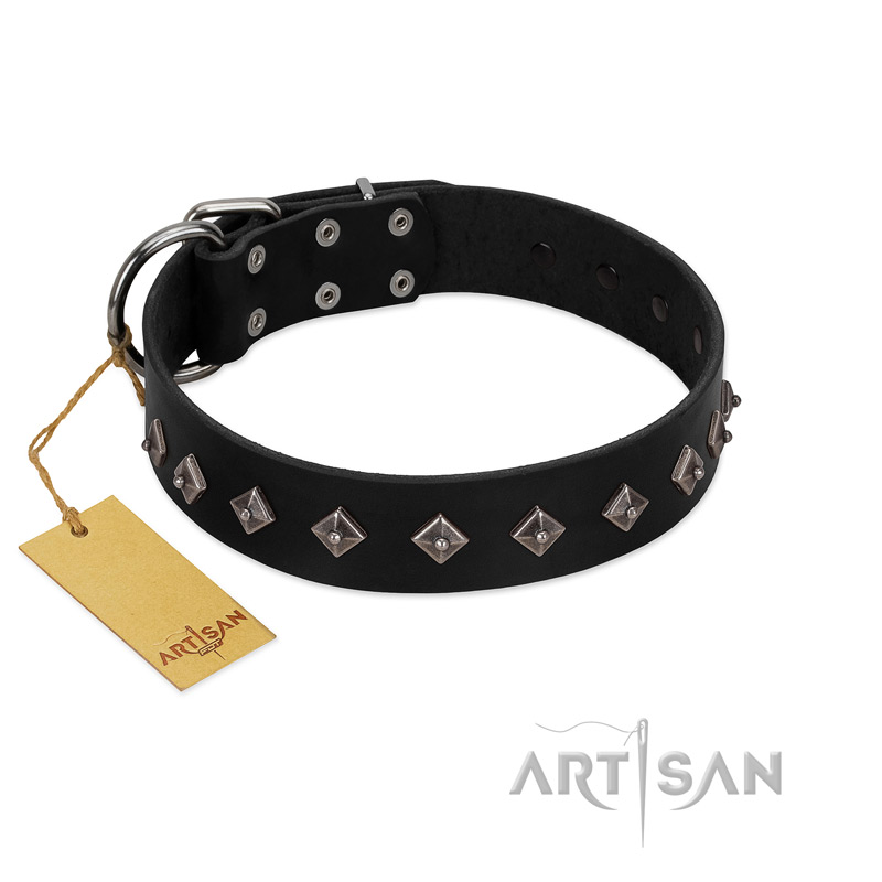 "Immense Power" Handcrafted FDT Artisan Black Leather Boxer Collar with Small Dotted Pyramids