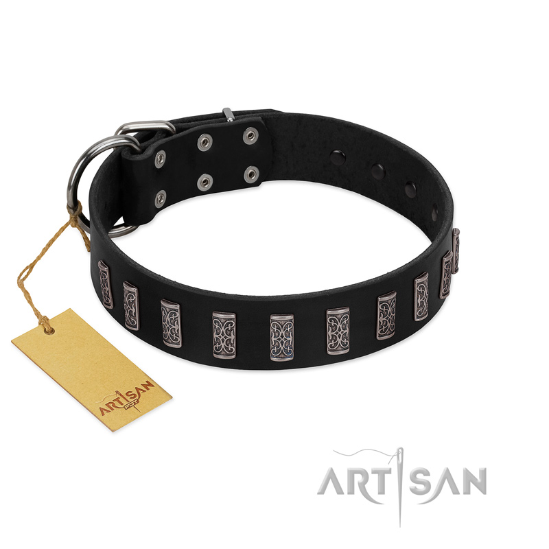 "Black Prince" Handmade FDT Artisan Black Leather Boxer Collar with Silver-Like Adornments
