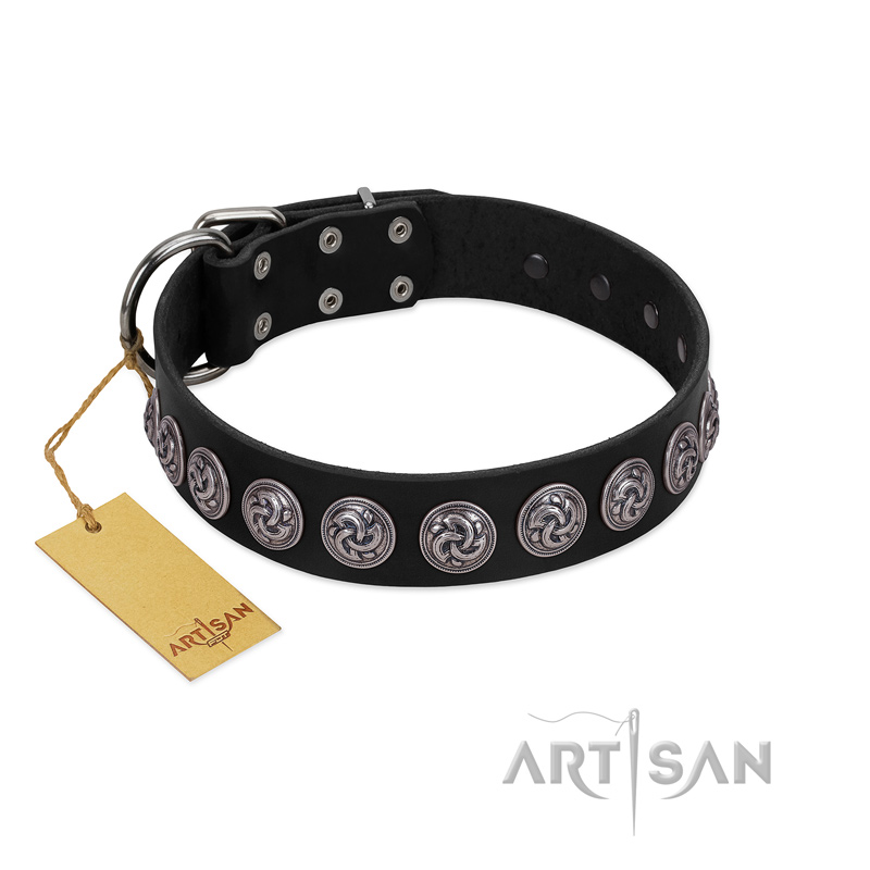 "Black Raven" Handmade FDT Artisan Black Leather Boxer Collar with Silver-Like Adornments