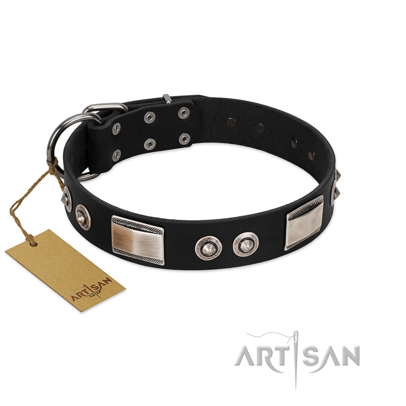 "Grand Wear" FDT Artisan Black Leather Boxer Collar with Shining Plates and Spiked Studs