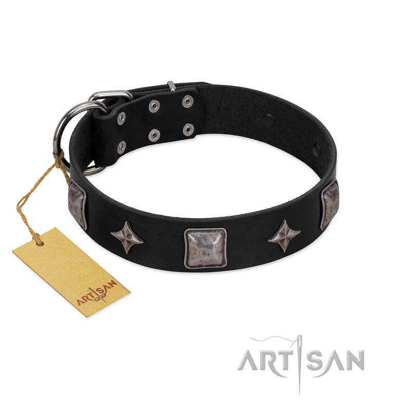 "Black Cavalier" Handmade FDT Artisan Black Leather Boxer Collar with Silver-Like Stars and Large Plates