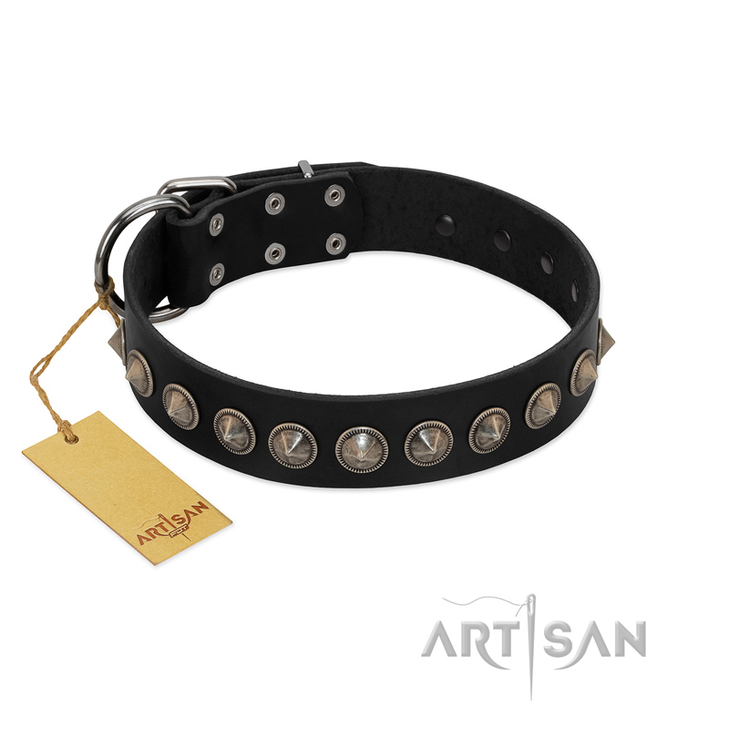 "Black Eagle" Handcrafted FDT Artisan Black Leather Boxer Collar with Silver-Like Adornments