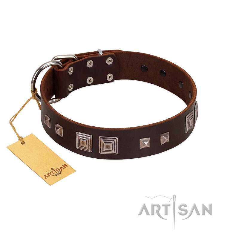 "Object of Virtu" FDT Artisan Brown Leather Boxer Collar with Old Silver-like Square Studs and Pyramids