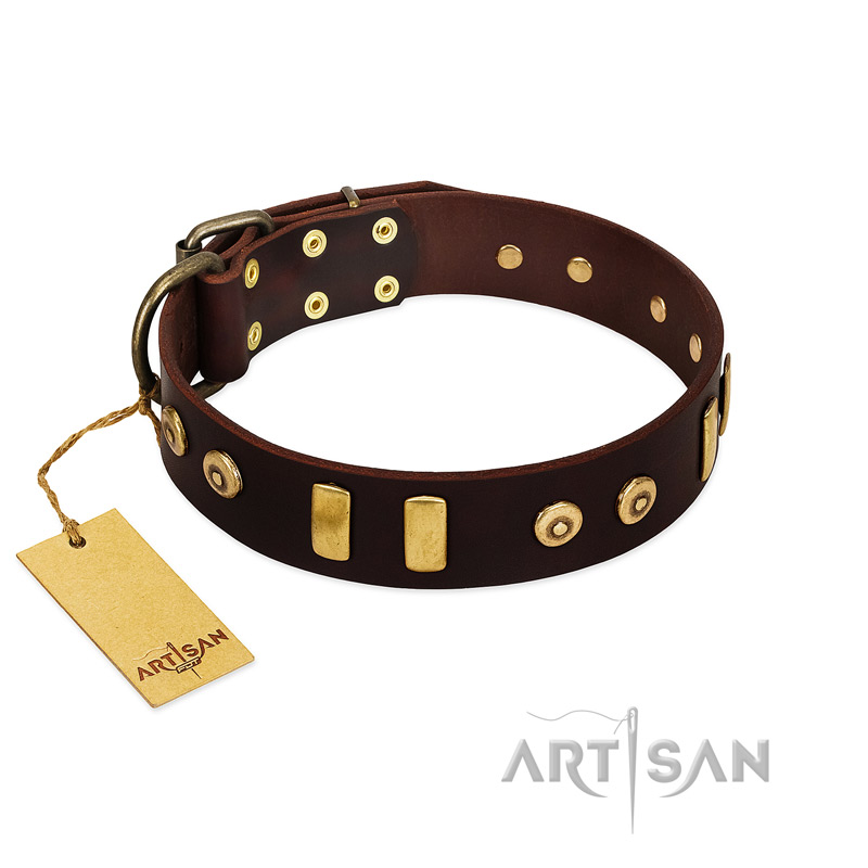 "Lord of Dogs" FDT Artisan Brown Leather Boxer Collar with Old Bronze-like Dotted Studs and Tiles