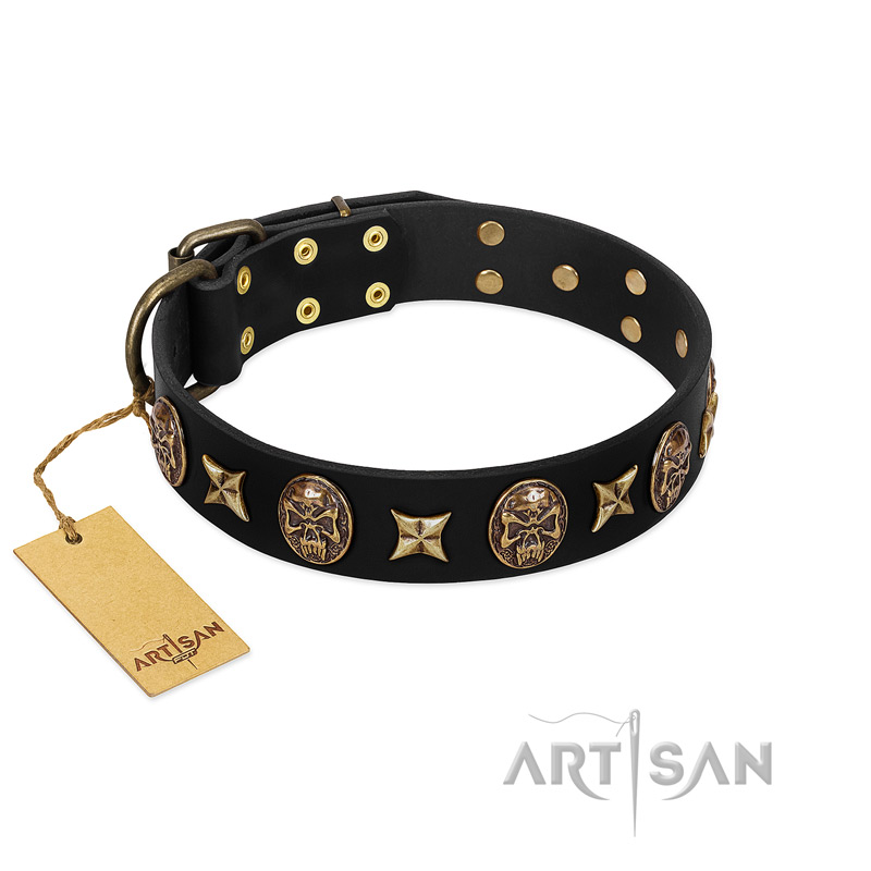 "Starry Saga" FDT Artisan Black Leather Boxer Collar with Stars and Skulls