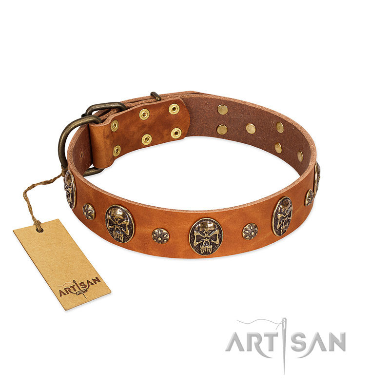"Rockstar" FDT Artisan Tan Leather Boxer Collar with Engraved Studs and Medallions