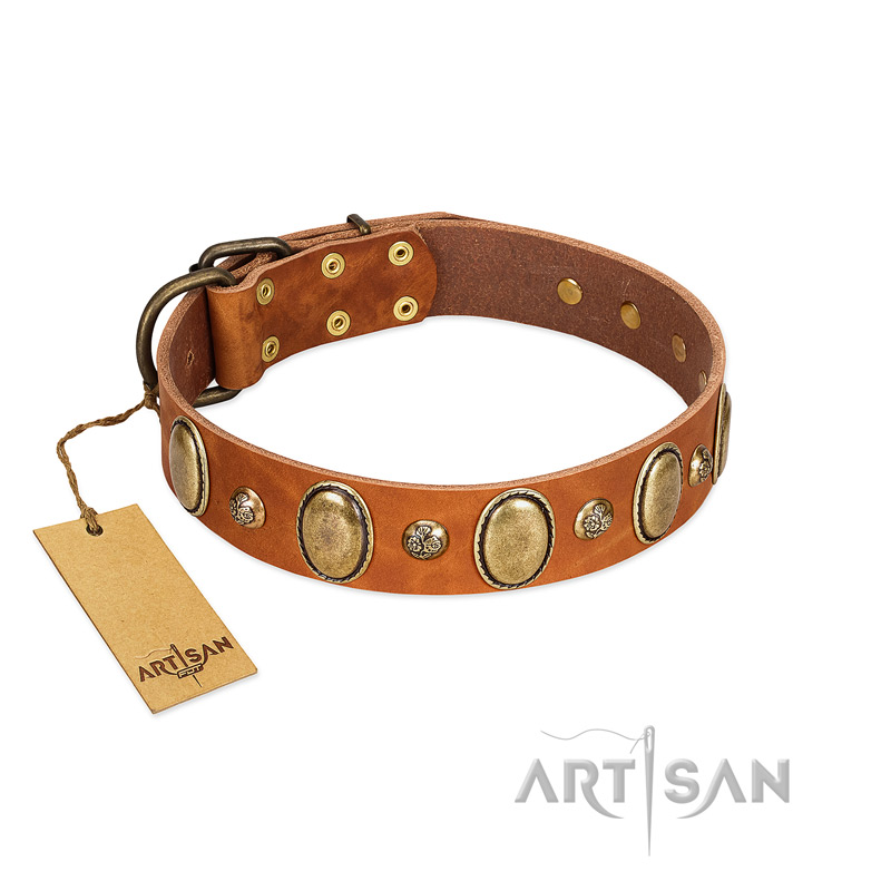"Venus Breath" FDT Artisan Tan Leather Boxer Collar with Vintage Looking Oval and Round Studs - Click Image to Close