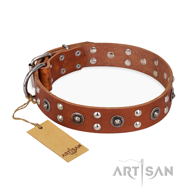 "Silver Elegance" FDT Artisan Decorated Leather Boxer Collar with Old Silver-Like Plated Studs and Cones