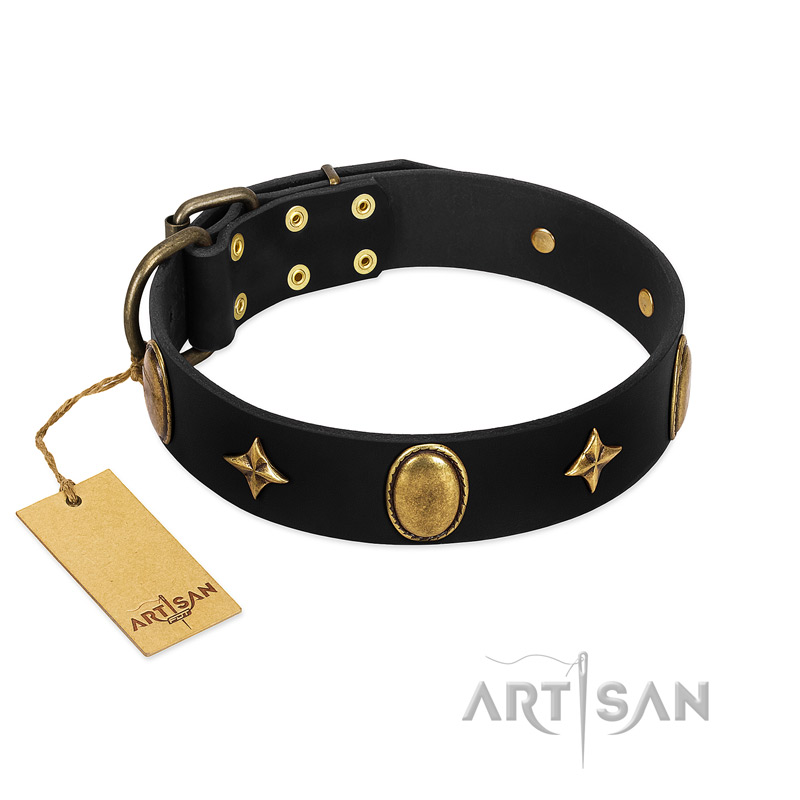 "Star Powder" FDT Artisan Black Leather Boxer Collar with Ovals and Stars - 1 1/2 inch Wide