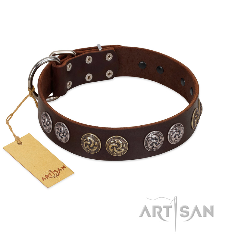 "Treasure Hunter" FDT Artisan Brown Leather Boxer Collar with Old-Bronze-like and Silvery Medallions