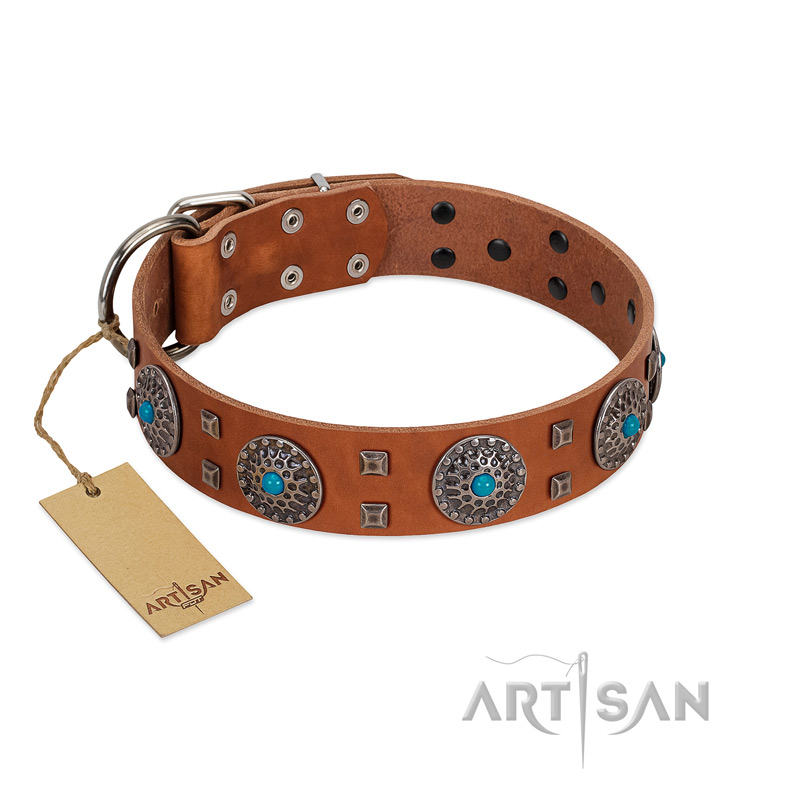 "Blue Sands" FDT Artisan Tan Leather Boxer Collar with Silver-like Studs and Round Conchos with Stones