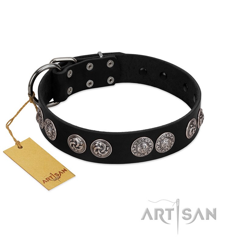 "Magic Amulete" Handcrafted FDT Artisan Black Leather Boxer Collar with Chrome-Plated Shields