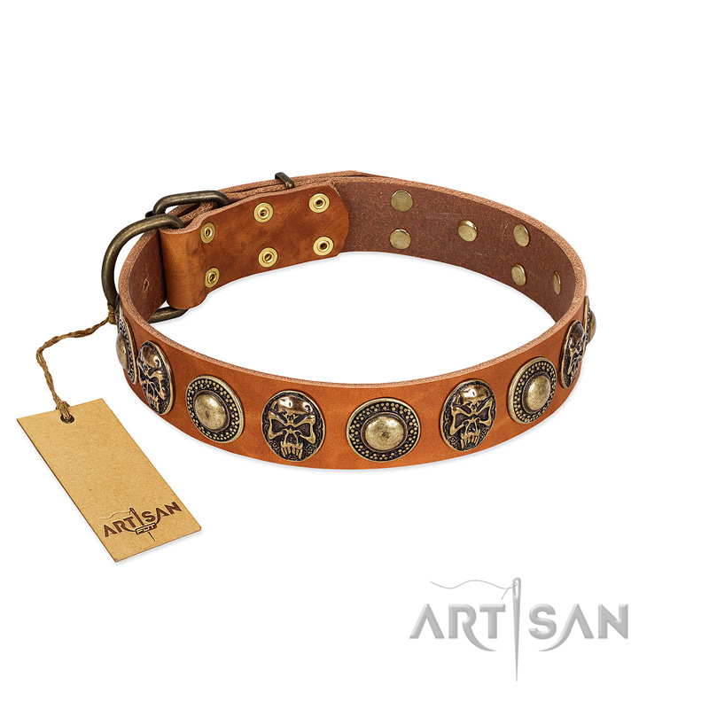 "Golden Epoch" FDT Artisan Tan Leather Boxer Collar with Old Bronze-plated Medallions and Conchos
