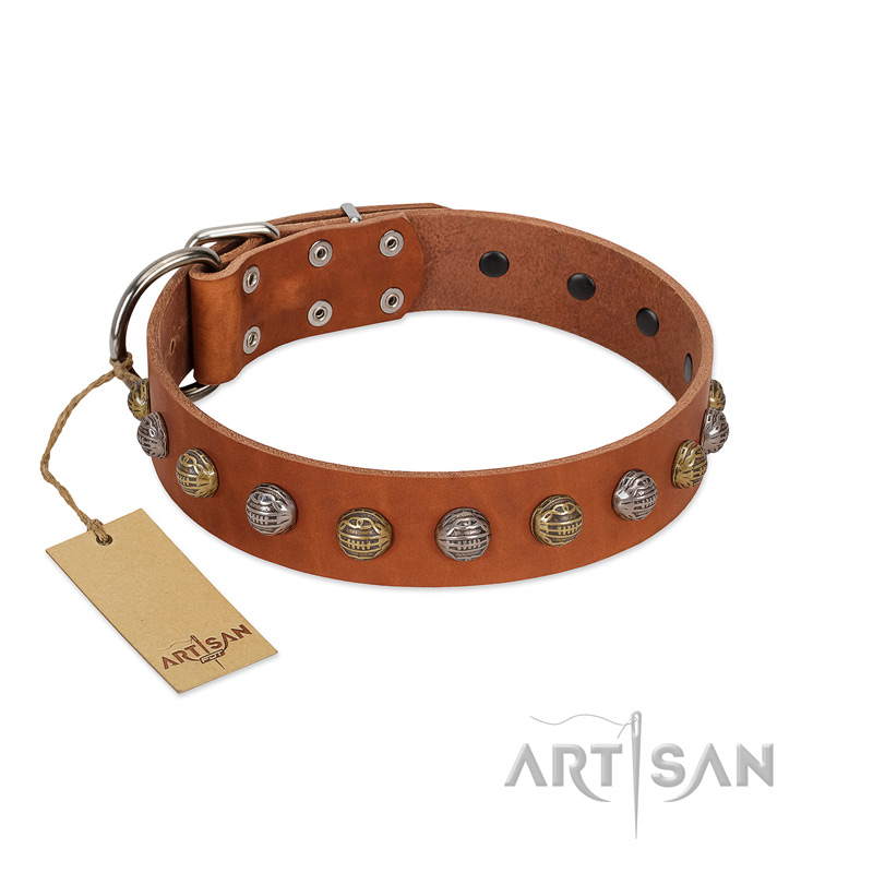 "Dogue-Vogue" FDT Artisan Tan Leather Boxer Collar with Engraved Chrome-plated Studs