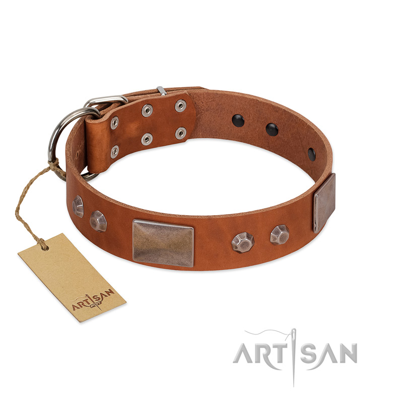 "Great Obelisk" Handcrafted FDT Artisan Tan Leather Boxer Collar with Large Plates and Pyramids