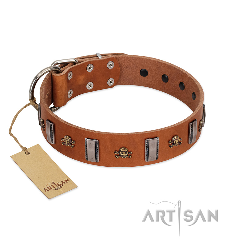 "Golden Crossbones" Handmade FDT Artisan Tan Leather Boxer Collar with Plates and Skulls