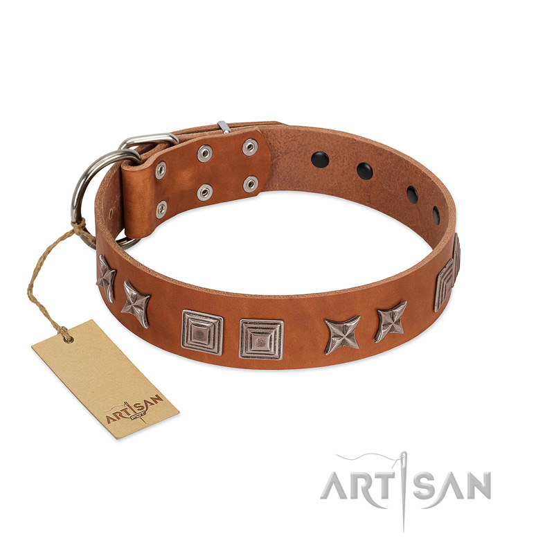 "Antique Figures" FDT Artisan Tan Leather Boxer Collar with Silver-like Engraved Plates