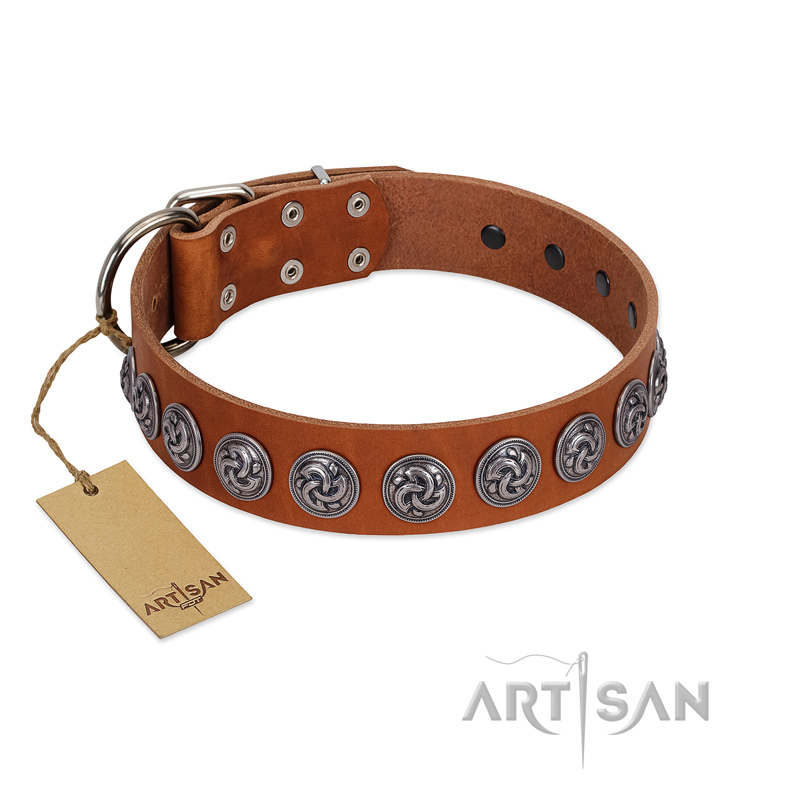 "Velvet Kiss" Handmade FDT Artisan Tan Leather Boxer Collar with Vintage Medallions