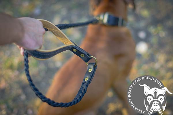 Boxer leather-leash of braided design with brass plated hardware for daily walks